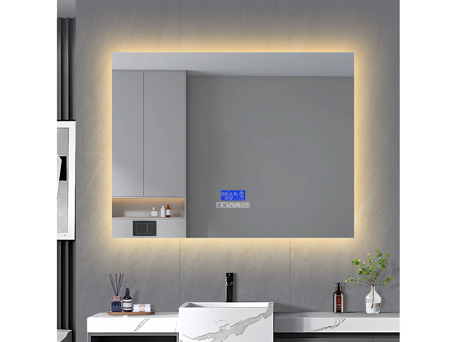 Espejo de baño, 100x80cm, espejo LED con altavoz Bluetooth, iluminación ajustable, función antivaho, indicador de temperatura