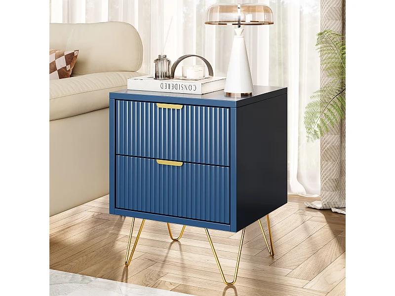 Commode à 2 tiroirs, table de chevet, table de nuit, buffet, commode pour chambre et salon, 40 x 35.5 x 50 cm, bleu