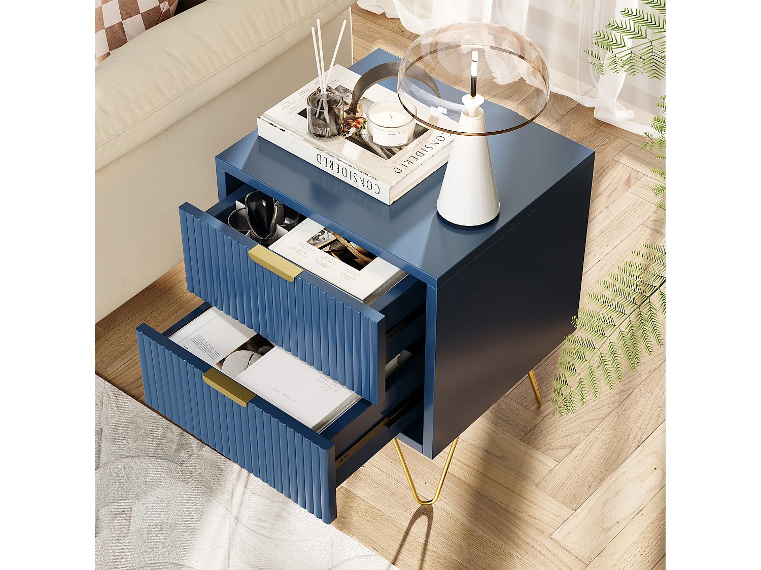 Commode à 2 tiroirs, table de chevet, table de nuit, buffet, commode pour chambre et salon, 40 x 35.5 x 50 cm, bleu