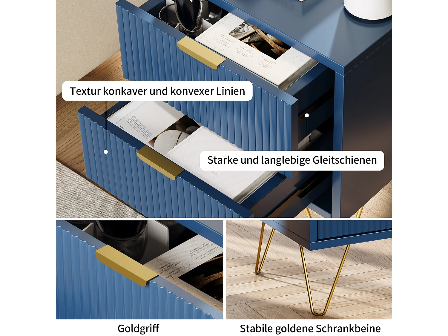 Ladekast met 2 lades, nachtkastje, dressoir, ladekast voor slaap- en woonkamer, 40 x 35,5 x 50 cm, blauw