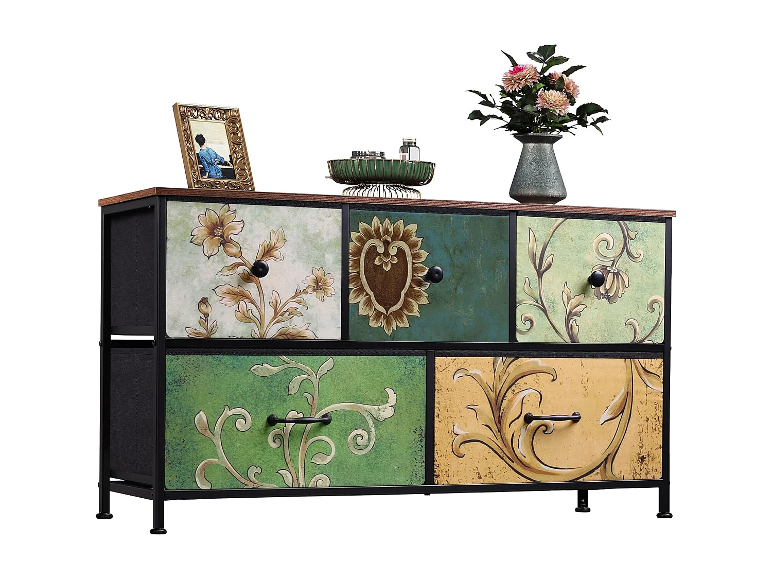 Commode 5 tiroirs, meuble TV, structure en métal avec plateau en bois, convient pour le salon, la chambre d'enfant ou le couloir