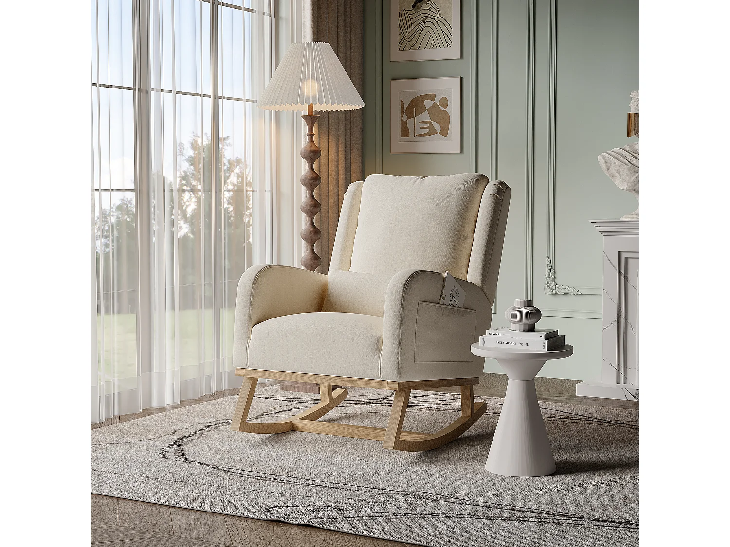 Fauteuil, chaise à bascule avec coussin, chaise de loisirs, convient pour salon, chambre, balcon, lin, beige
