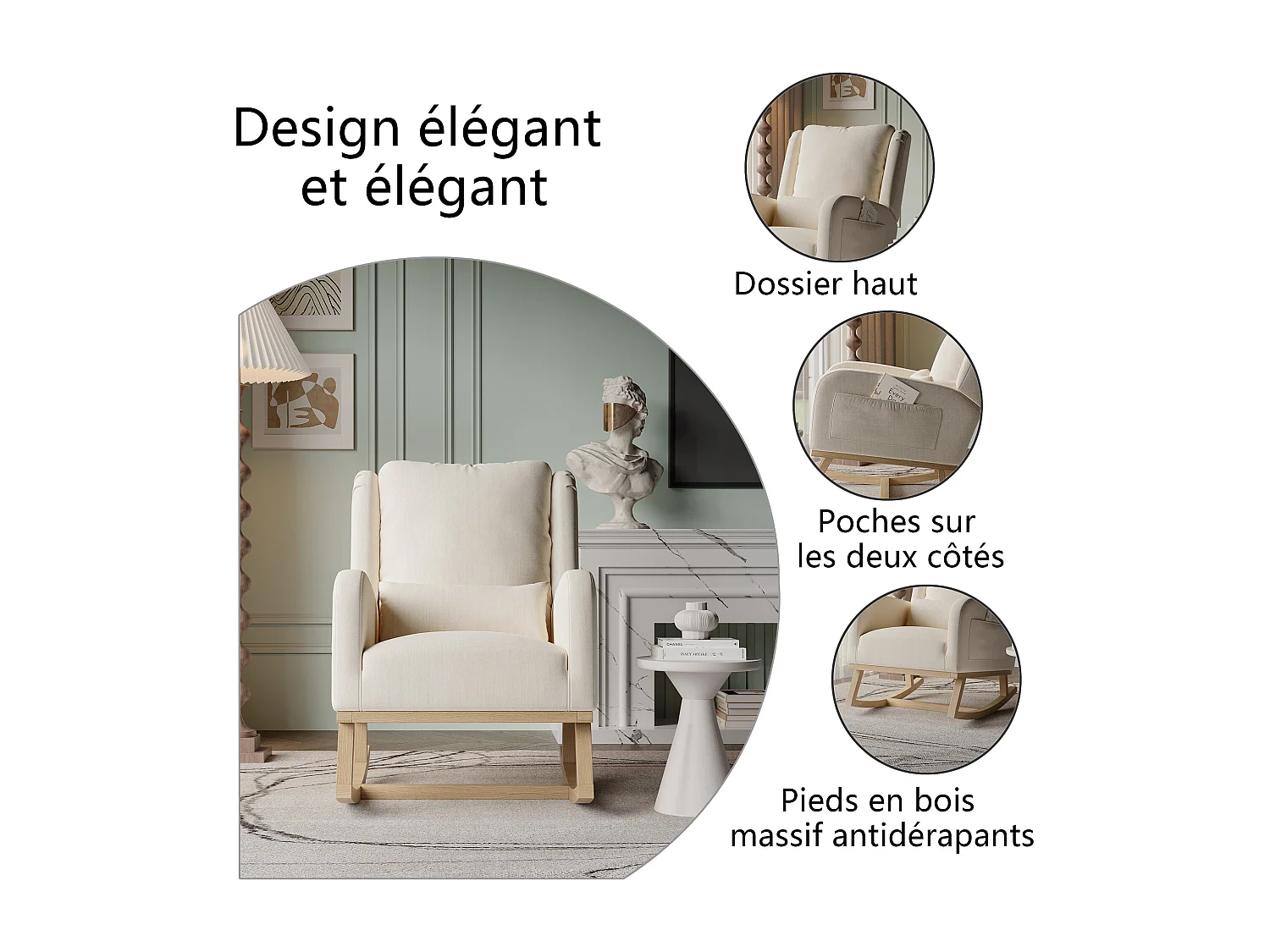Fauteuil, chaise à bascule avec coussin, chaise de loisirs, convient pour salon, chambre, balcon, lin, beige