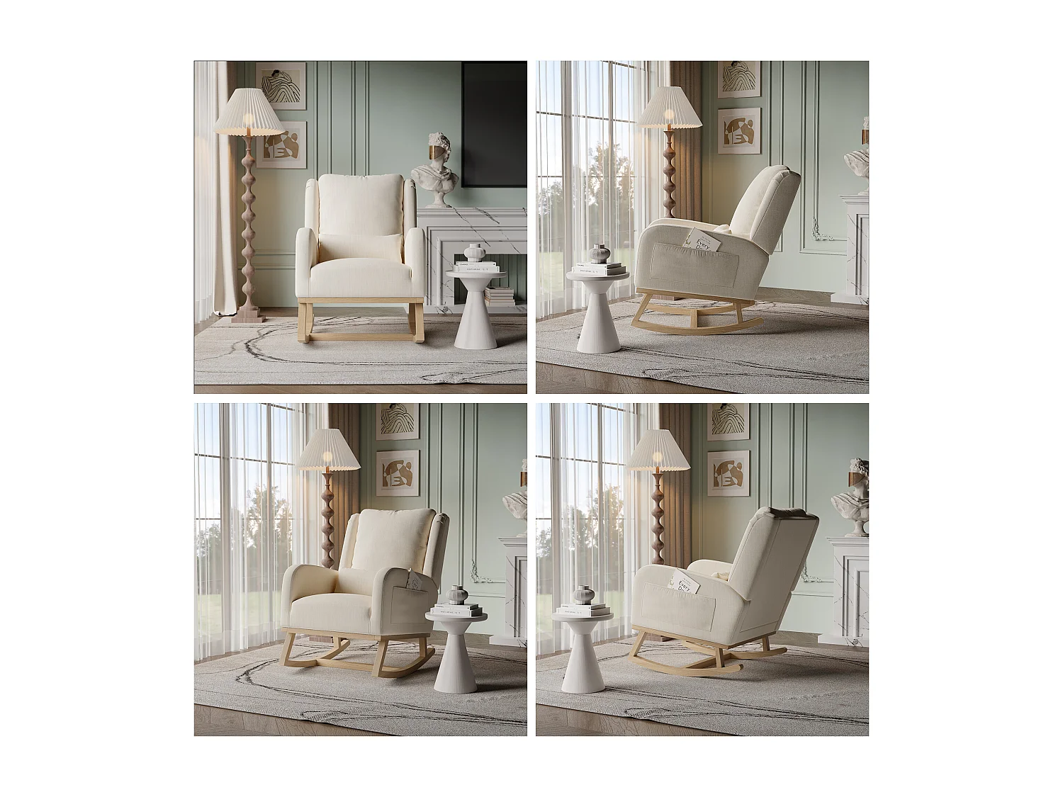 Fauteuil, chaise à bascule avec coussin, chaise de loisirs, convient pour salon, chambre, balcon, lin, beige