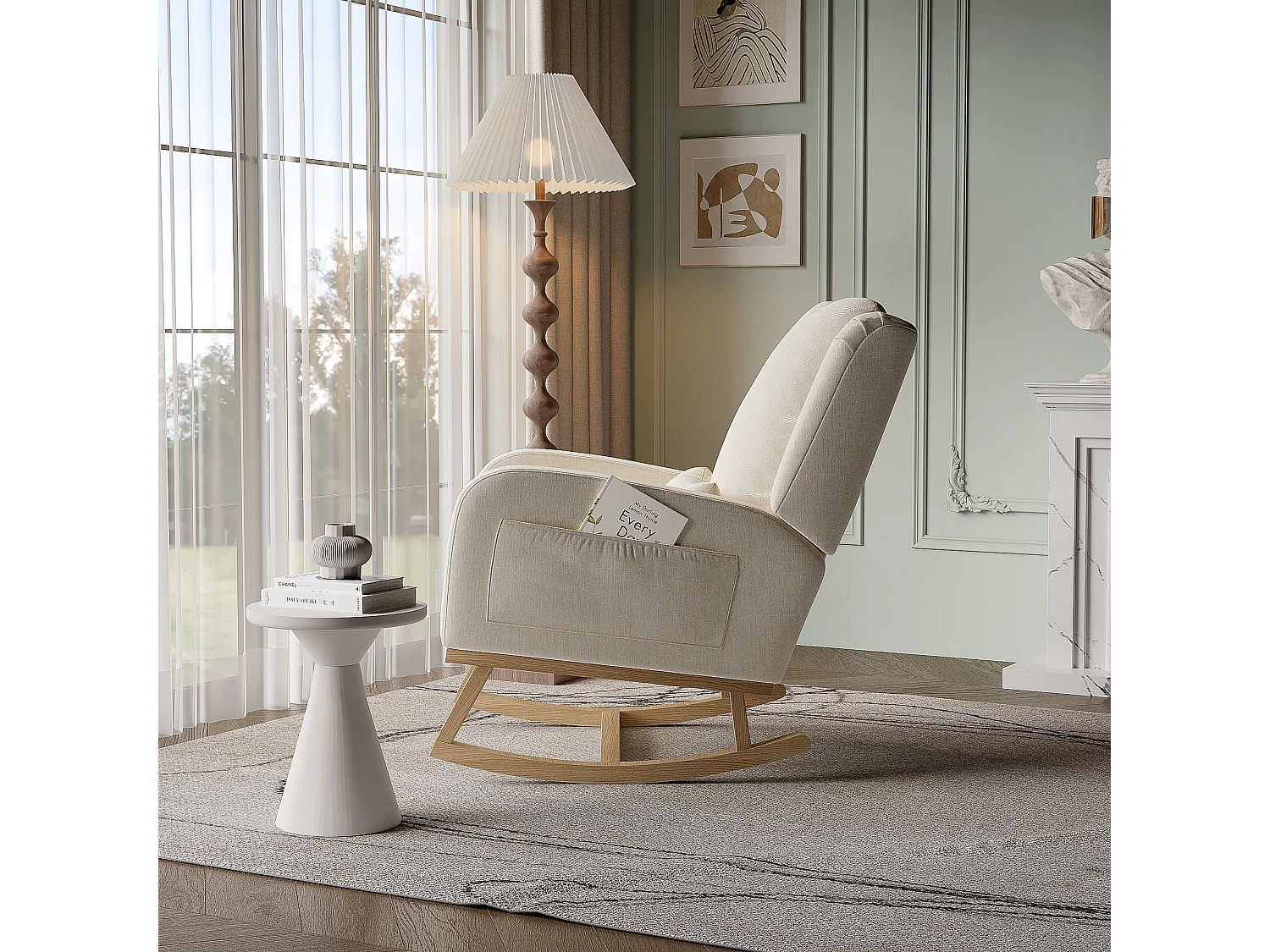 Fauteuil, chaise à bascule avec coussin, chaise de loisirs, convient pour salon, chambre, balcon, lin, beige