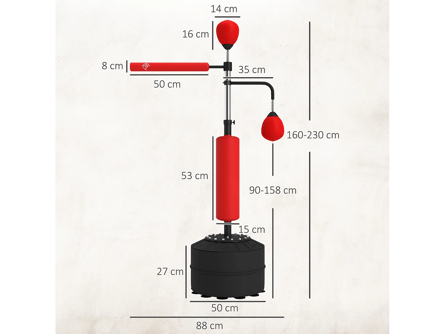 Sac de frappe boxe autoportant punching ball brunier 3 en 1 revêtement synthétique dim. 88L x 50l x 160-230H cm rouge