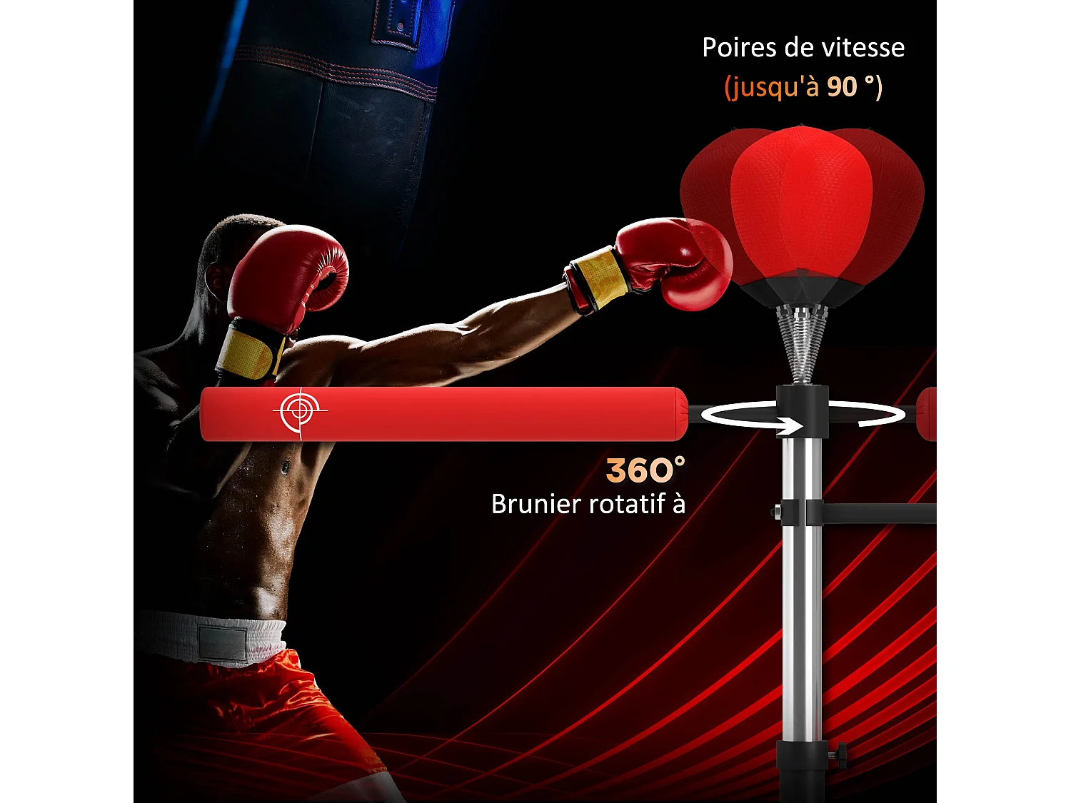 Sac de frappe boxe autoportant punching ball brunier 3 en 1 revêtement synthétique dim. 88L x 50l x 160-230H cm rouge