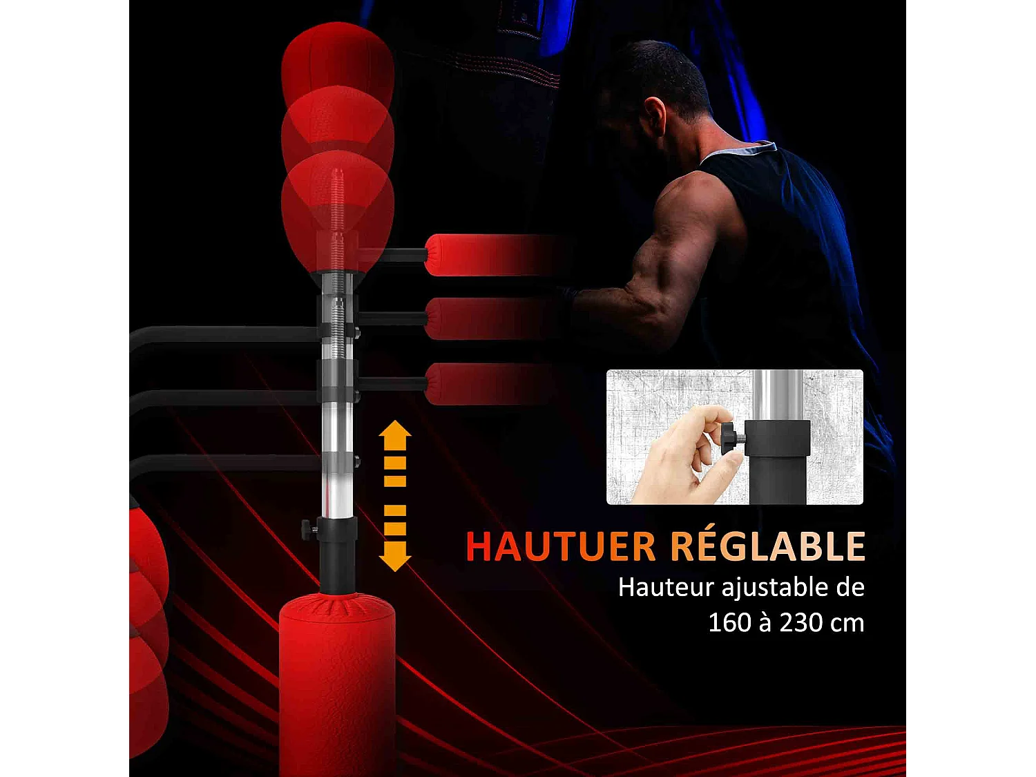 Sac de frappe boxe autoportant punching ball brunier 3 en 1 revêtement synthétique dim. 88L x 50l x 160-230H cm rouge