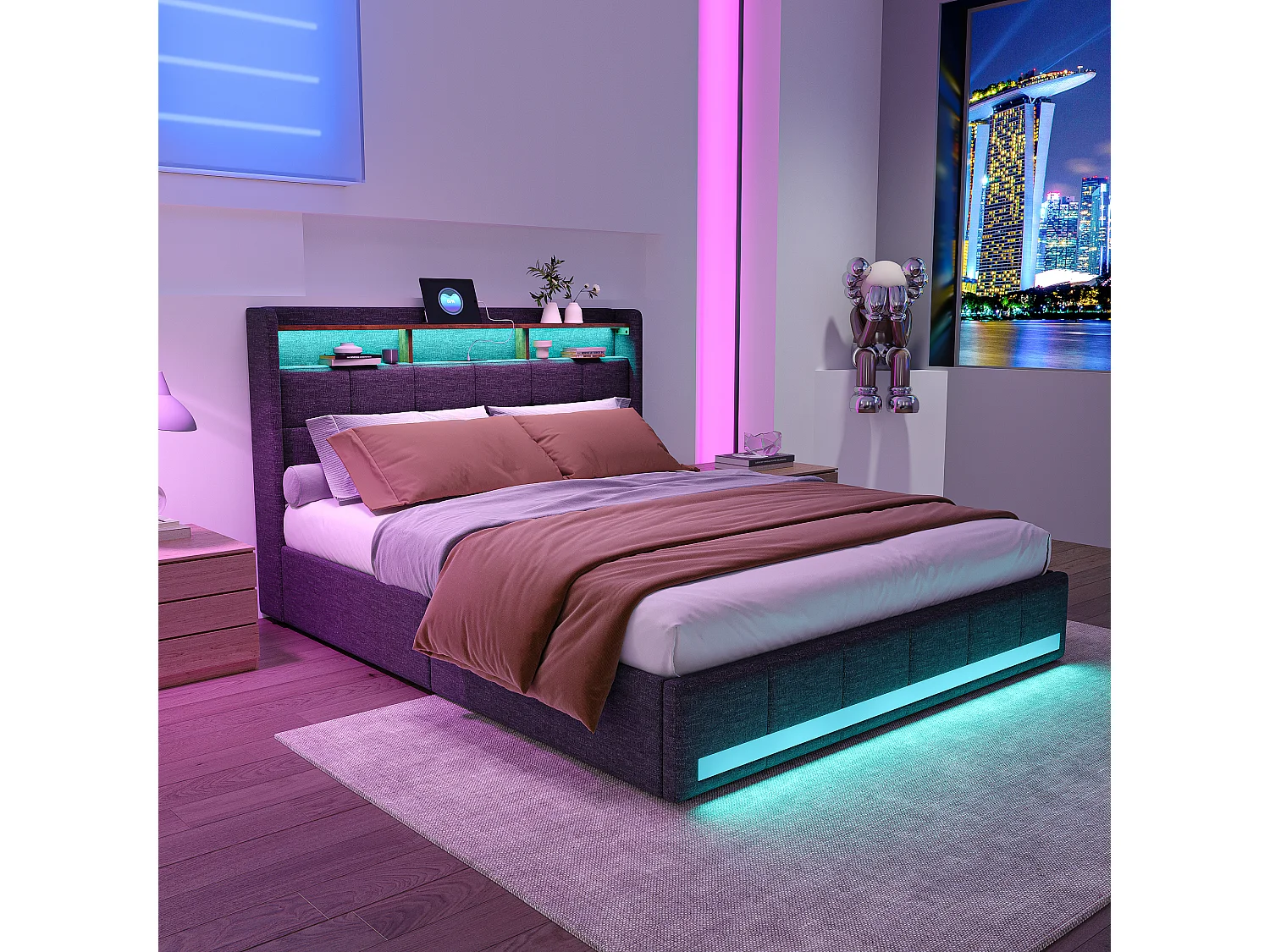 Estrutura de cama 160x200 - com LED e USB - 4 gavetas - Espaço para arrumação e cabeceira estofada - Base de ripas - Linho cinzento - Cama de casal para adulto