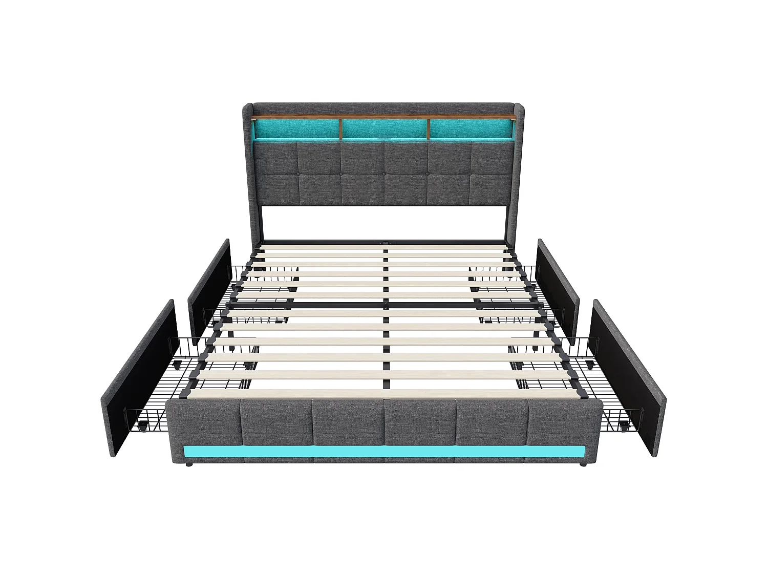Estrutura de cama 160x200 - com LED e USB - 4 gavetas - Espaço para arrumação e cabeceira estofada - Base de ripas - Linho cinzento - Cama de casal para adulto