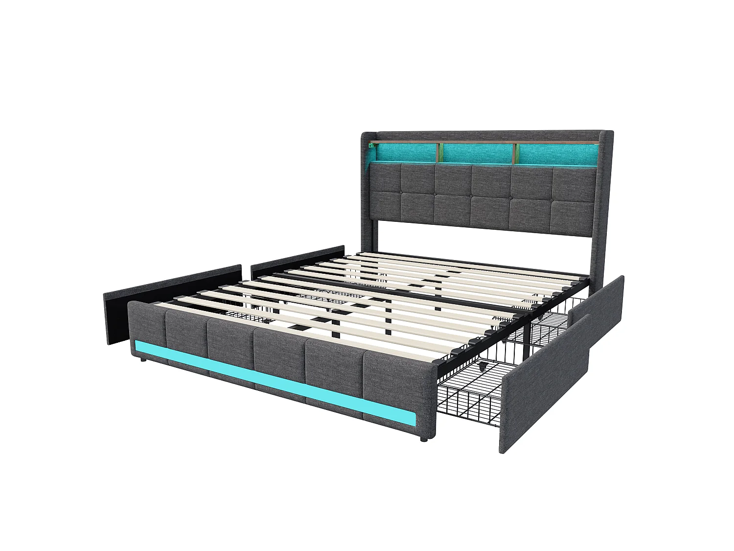 Estrutura de cama 160x200 - com LED e USB - 4 gavetas - Espaço para arrumação e cabeceira estofada - Base de ripas - Linho cinzento - Cama de casal para adulto