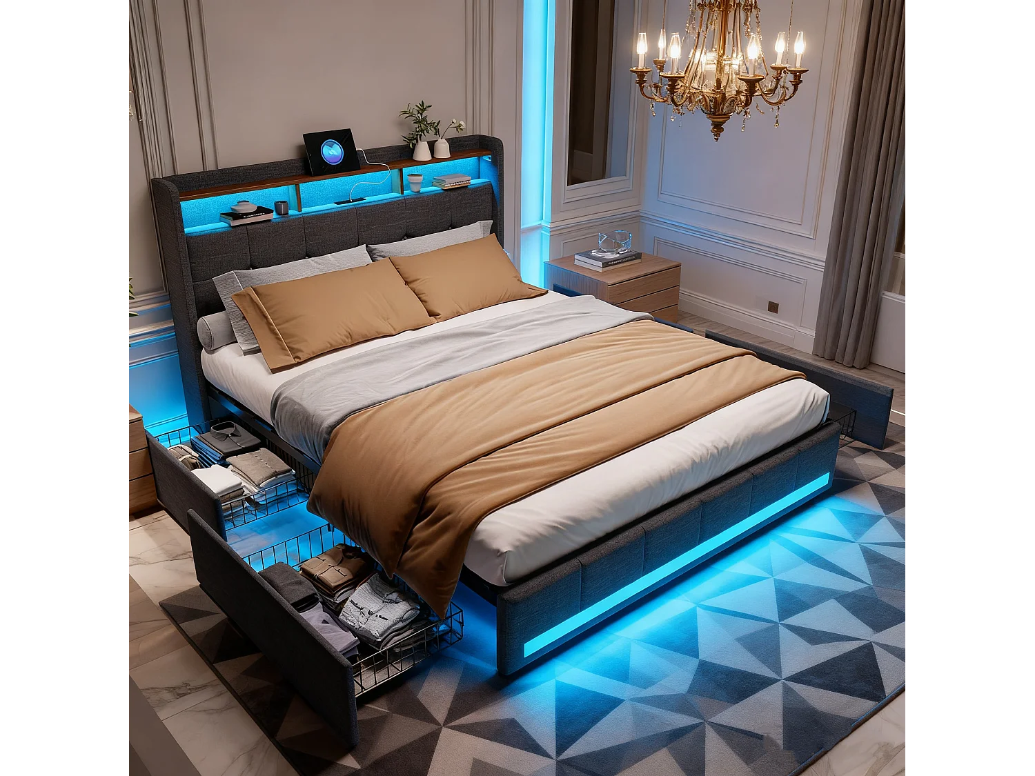 Cadre de Lit 160x200 - avec LED et USB - 4 Tiroirs - Rangement et Tête de lit rembourrée - Sommier à Lattes - Lin Gris - Lits 2 Personnes pour Adultes