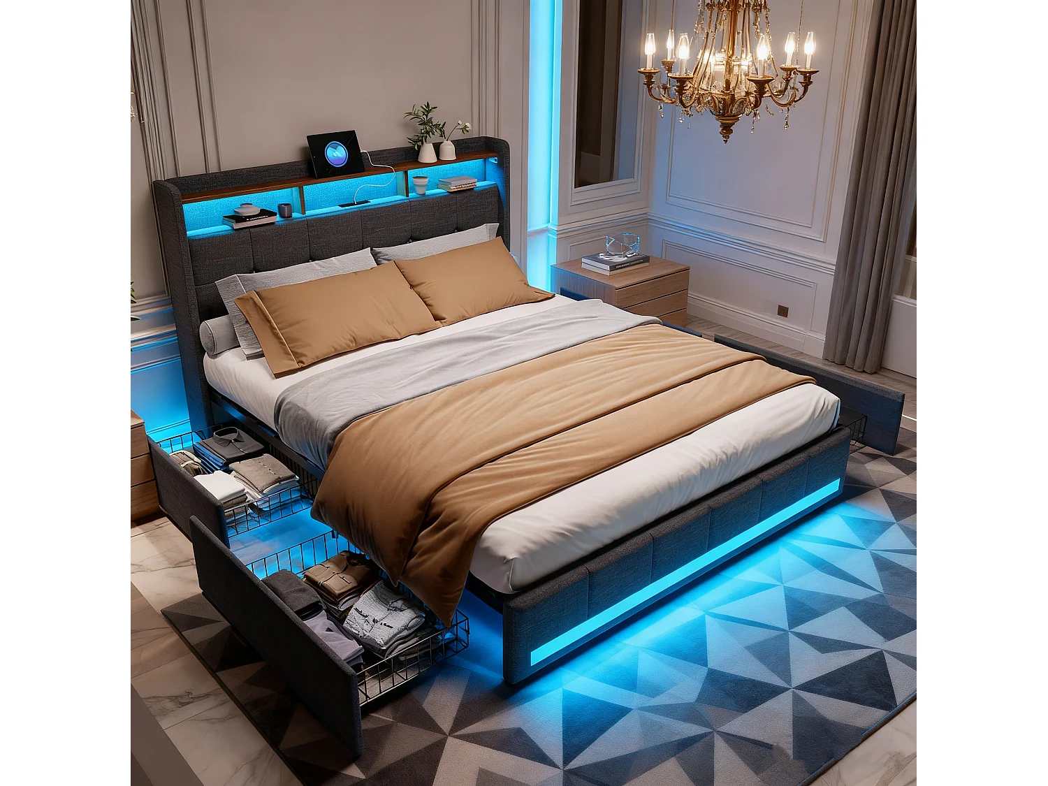 Estrutura de cama 160x200 - com LED e USB - 4 gavetas - Espaço para arrumação e cabeceira estofada - Base de ripas - Linho cinzento - Cama de casal para adulto