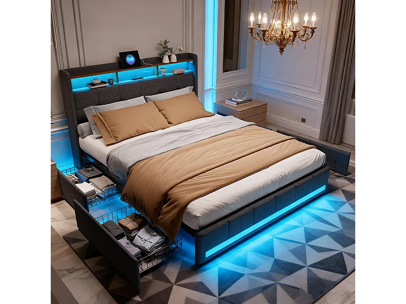 Cadre de Lit 160x200 - avec LED et USB - 4 Tiroirs - Rangement et Tête de lit rembourrée - Sommier à Lattes - Lin Gris - Lits 2 Personnes pour Adultes