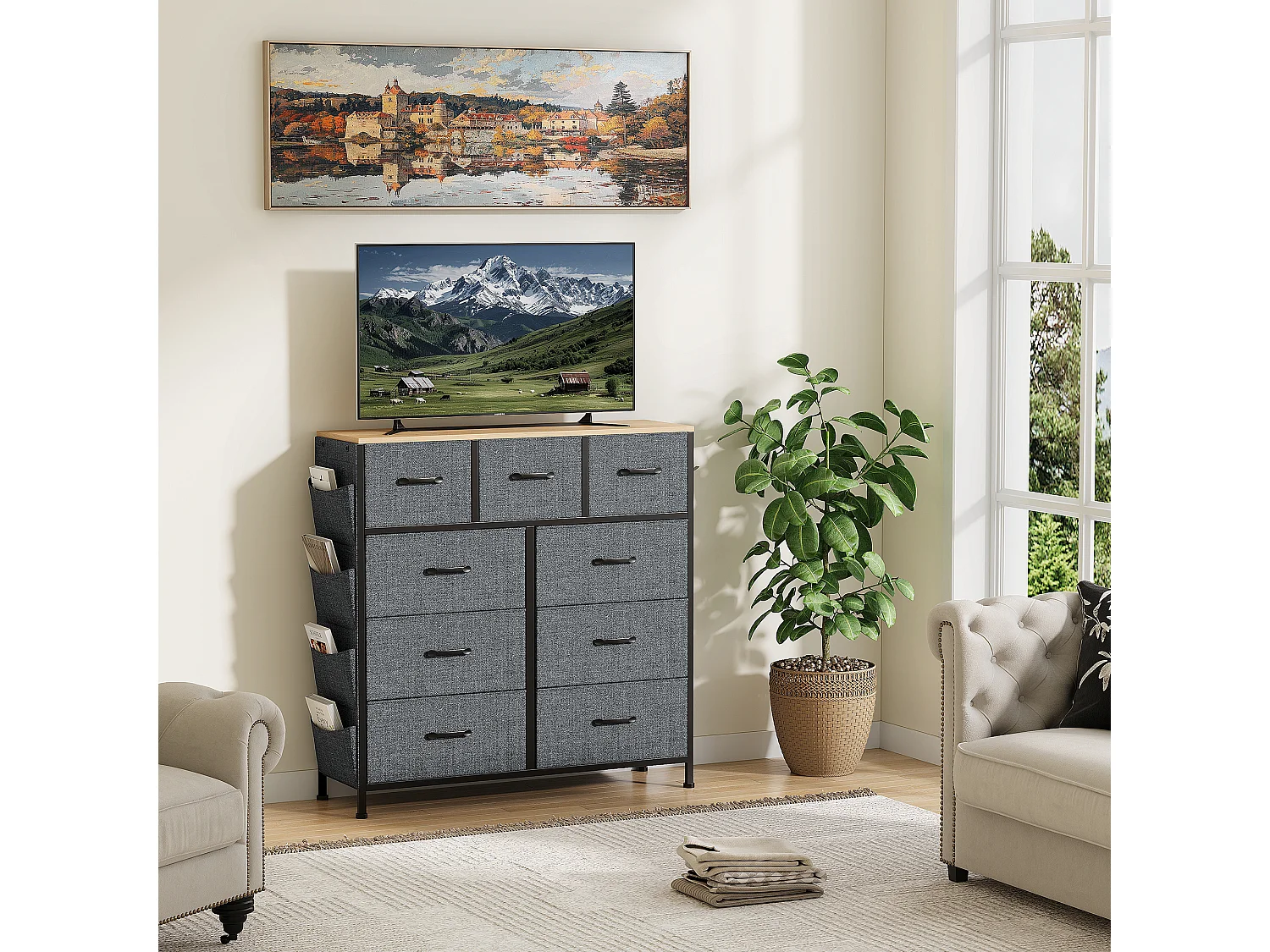 Commode avec 9 tiroirs en tissu, buffet avec tiroirs en tissu, commode, avec structure en acier robuste et plateau en bois,98,8 x 30 x 100cm