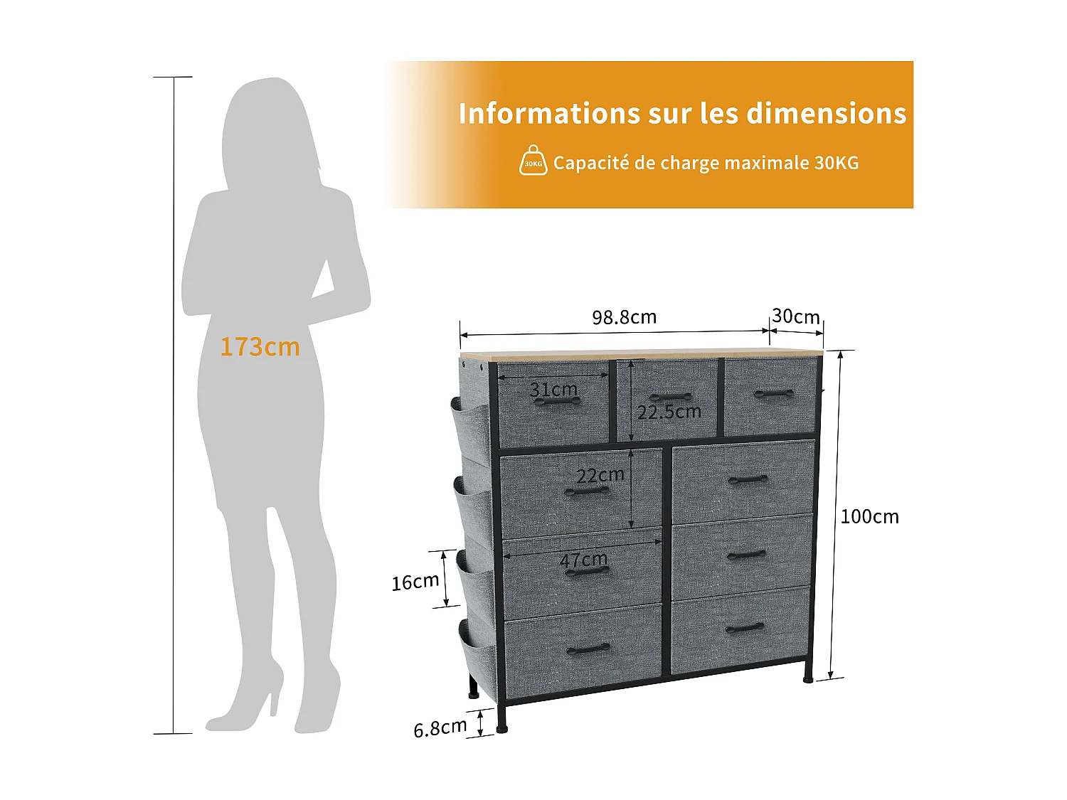 Commode avec 9 tiroirs en tissu, buffet avec tiroirs en tissu, commode, avec structure en acier robuste et plateau en bois,98,8 x 30 x 100cm
