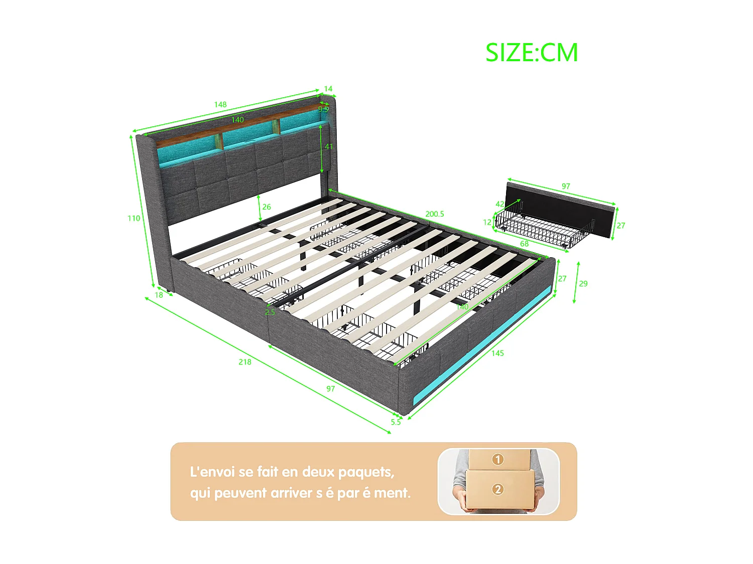 Lit 140x200 avec LED et USB, 4 Tiroirs Rangement et Tête de lit rembourrée,Lits Double avec Sommier à Lattes, Lits 2 Personnes pour Adultes, Lin Gris