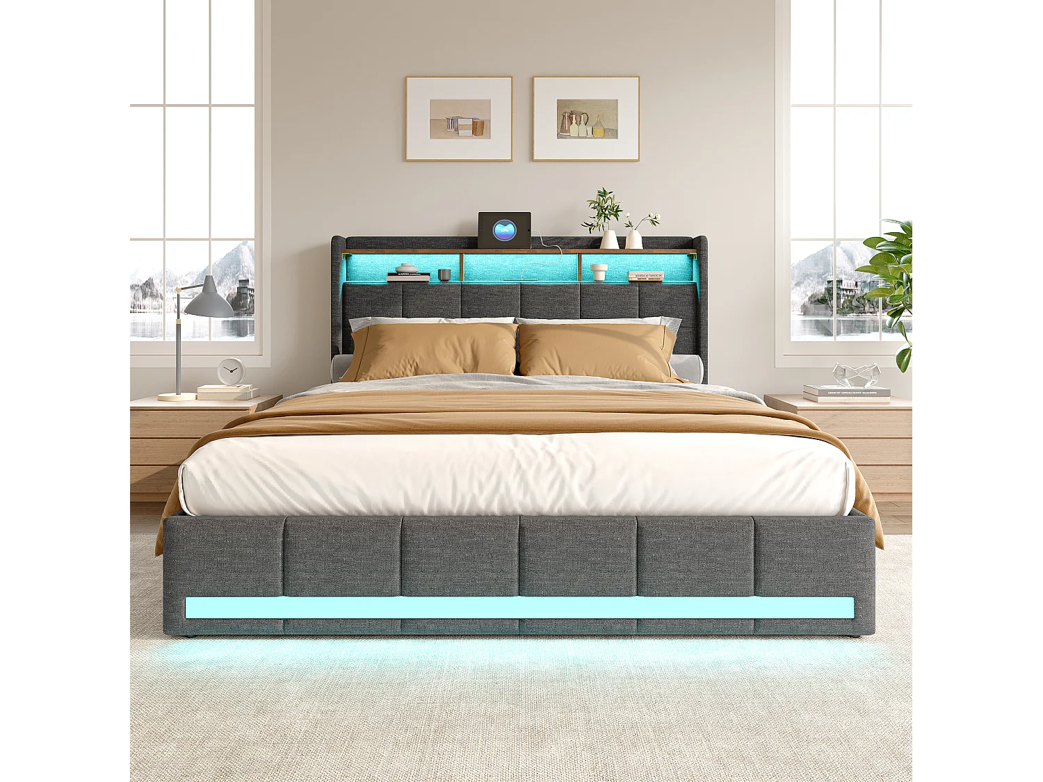 Lit double 140x200 - avec LED et USB - 4 Tiroirs Rangement et Tête de lit rembourrée - Sommier à Lattes - Lin Gris