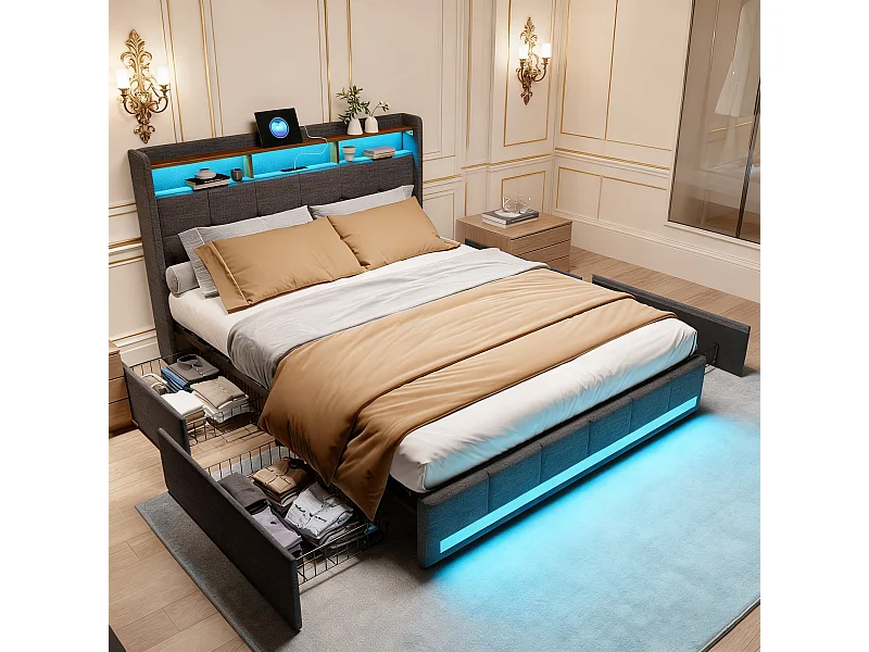 Lit double 140x200 - avec LED et USB - 4 Tiroirs Rangement et Tête de lit rembourrée - Sommier à Lattes - Lin Gris