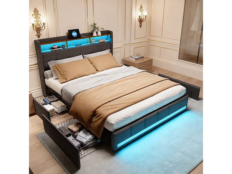 Lit double 140x200 - avec LED et USB - 4 Tiroirs Rangement et Tête de lit rembourrée - Sommier à Lattes - Lin Gris