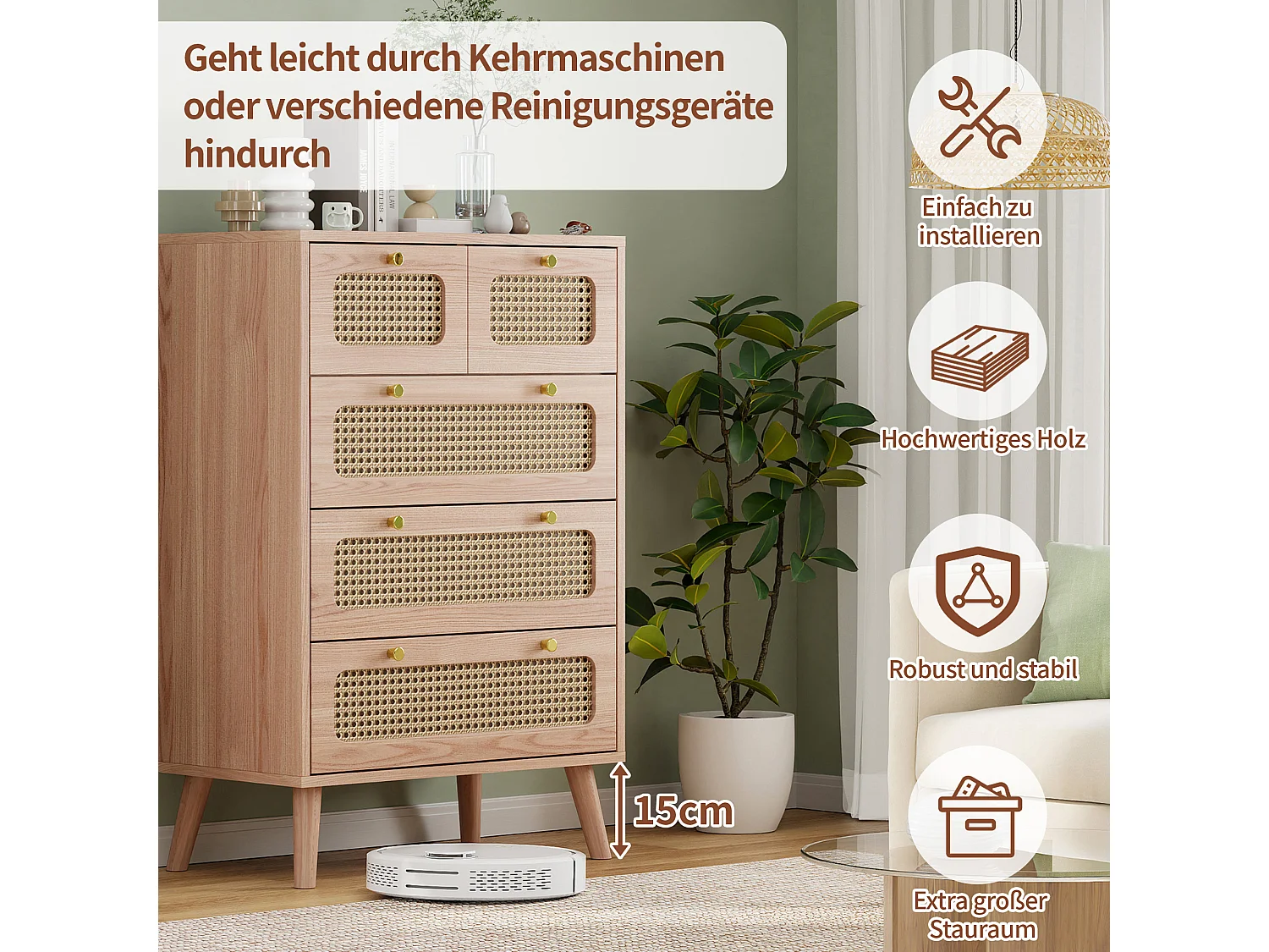 Commode à 5 tiroirs, commode en rotin pour la chambre,commode en bois avec poignées dorées, buffet,60 x 34  x 91 cm