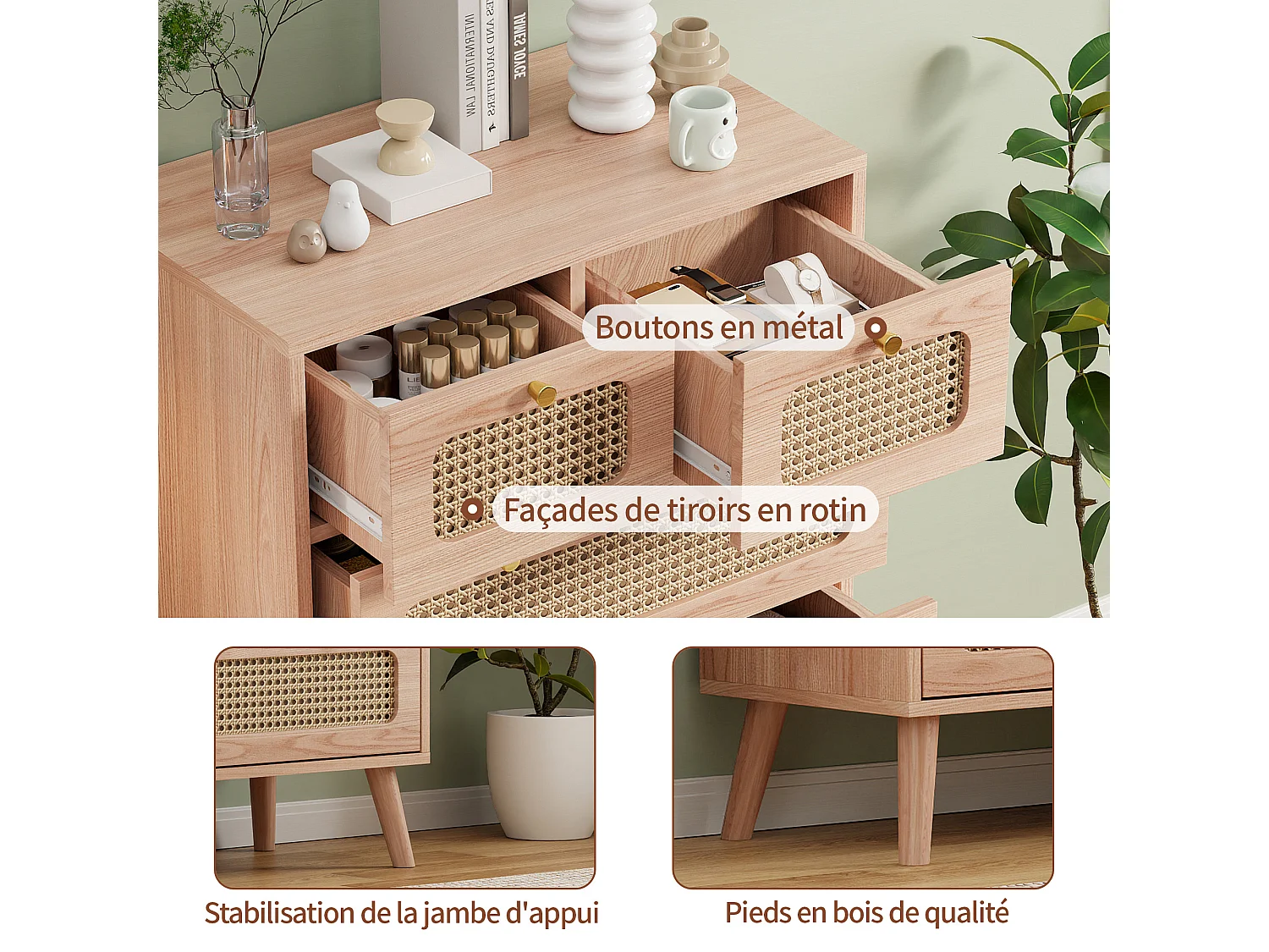 Commode 5 tiroirs, commode en rotin pour la chambre,commode en bois avec poignées dorées, buffet,60 x 34  x 91 cm