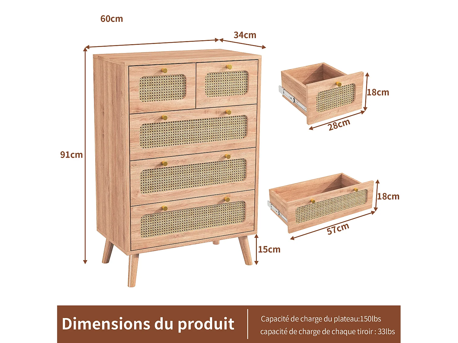 Commode 5 tiroirs, commode en rotin pour la chambre,commode en bois avec poignées dorées, buffet,60 x 34  x 91 cm