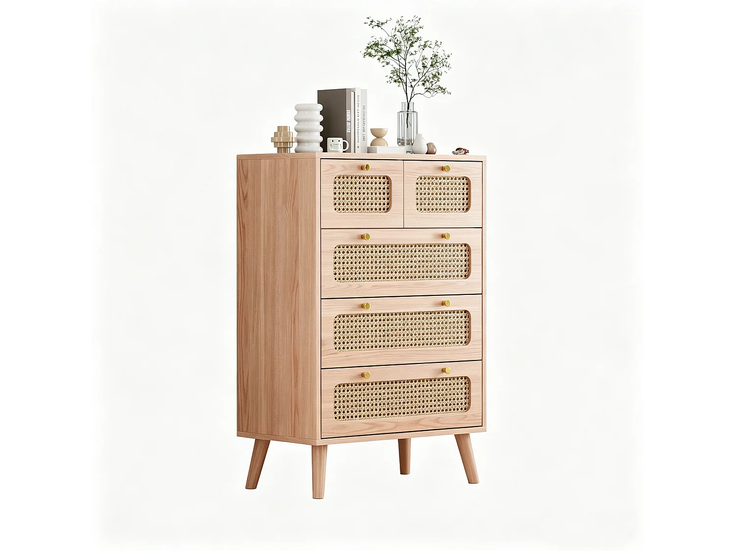 Commode 5 tiroirs, commode en rotin pour la chambre,commode en bois avec poignées dorées, buffet,60 x 34  x 91 cm