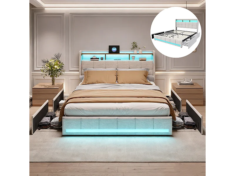 Cadre de Lit 140x190 avec LED et USB, 4 Tiroirs Rangement et Tête de lit rembourrée,Lits Double avec Sommier à Lattes, Lits 2 Personnes pour Adultes, Lin Beige