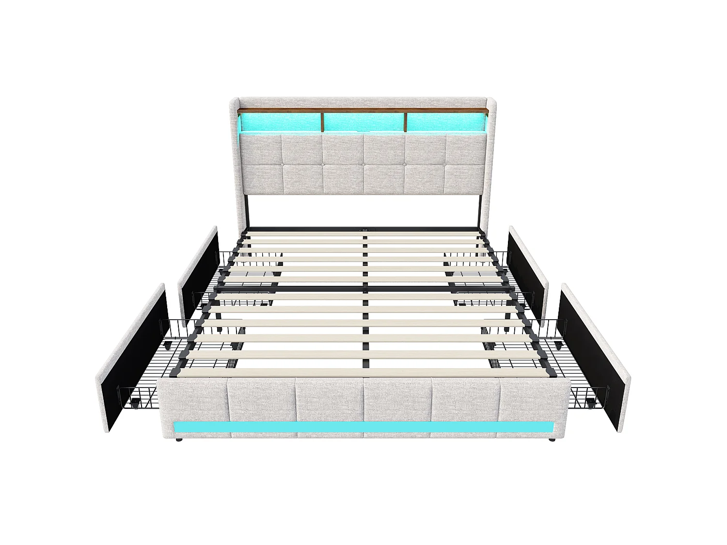 Estrutura de cama 140x190 - com LED e USB - 4 gavetas de arrumação e cabeceira estofada - Base ripada - Linho bege