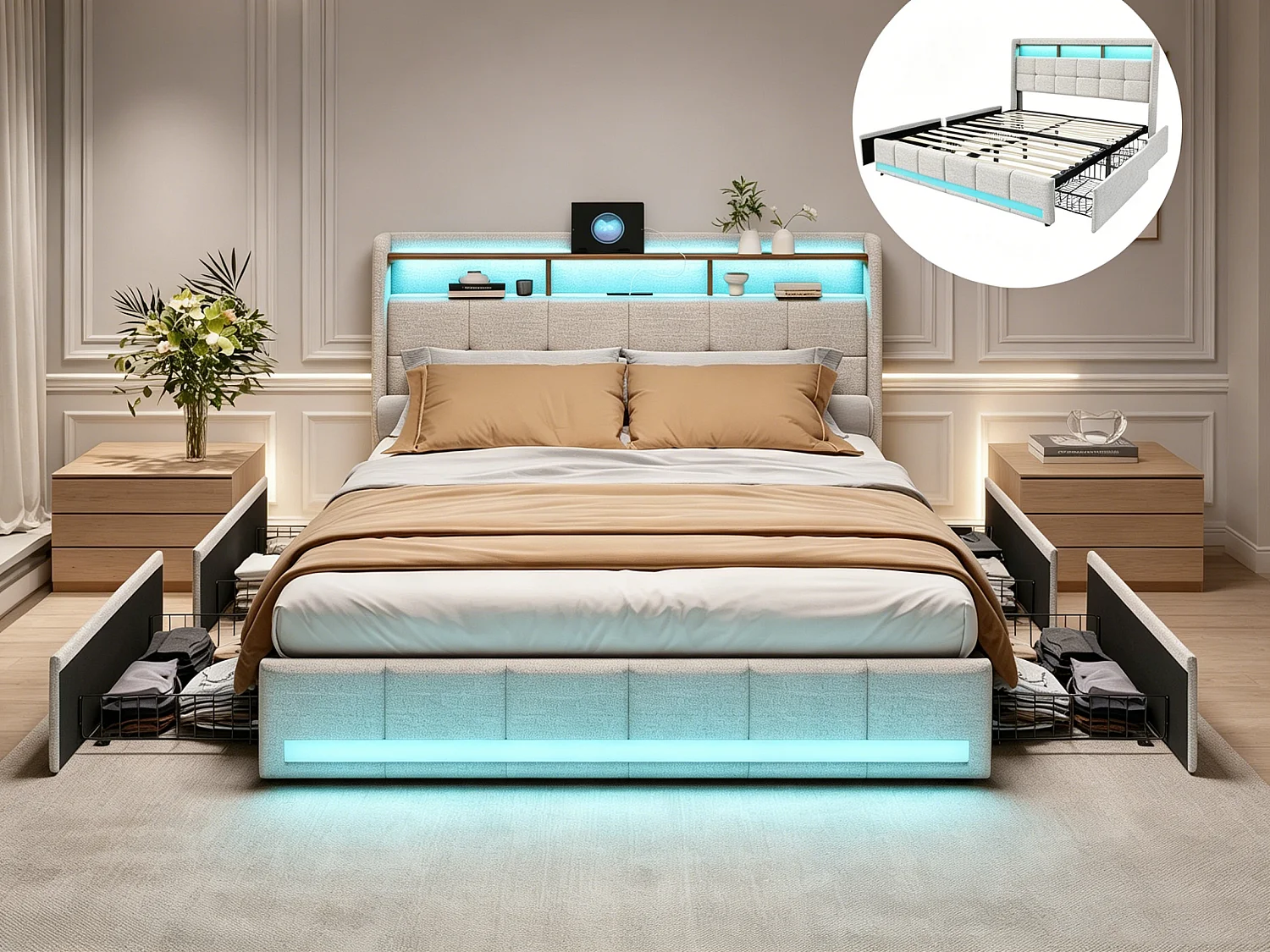 Estrutura de cama 140x190 - com LED e USB - 4 gavetas de arrumação e cabeceira estofada - Base ripada - Linho bege
