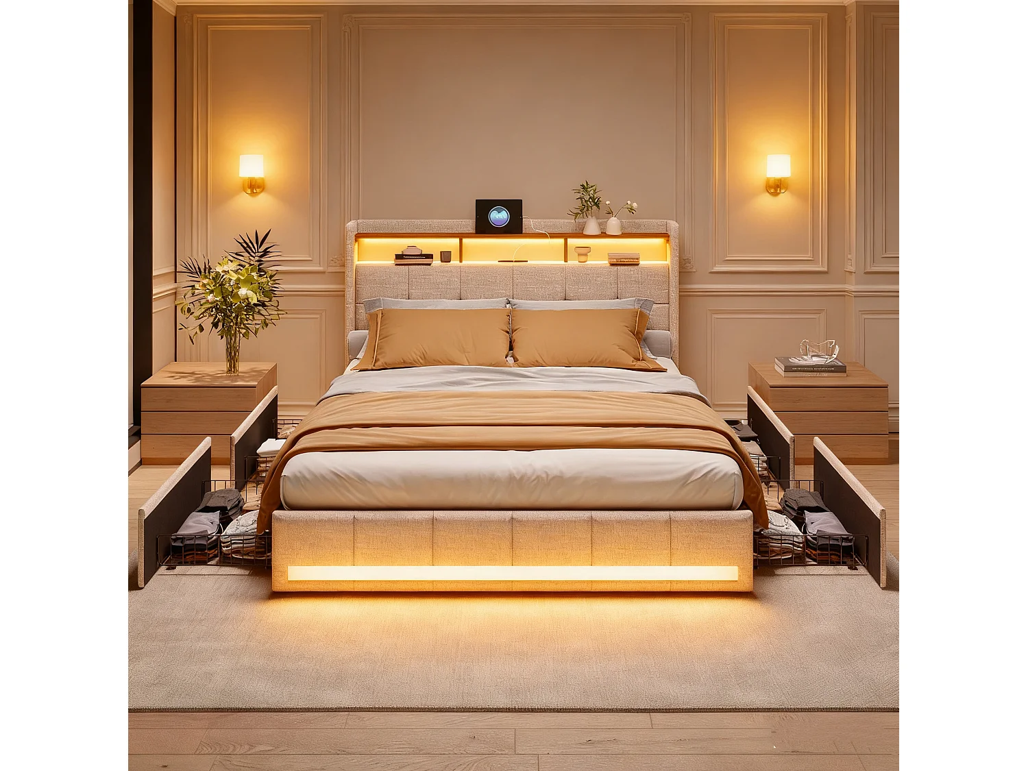 Cadre de Lit 160x200 - avec LED et USB - 4 Tiroirs Rangement et Tête de lit rembourrée - Sommier à Lattes - Lin Beige