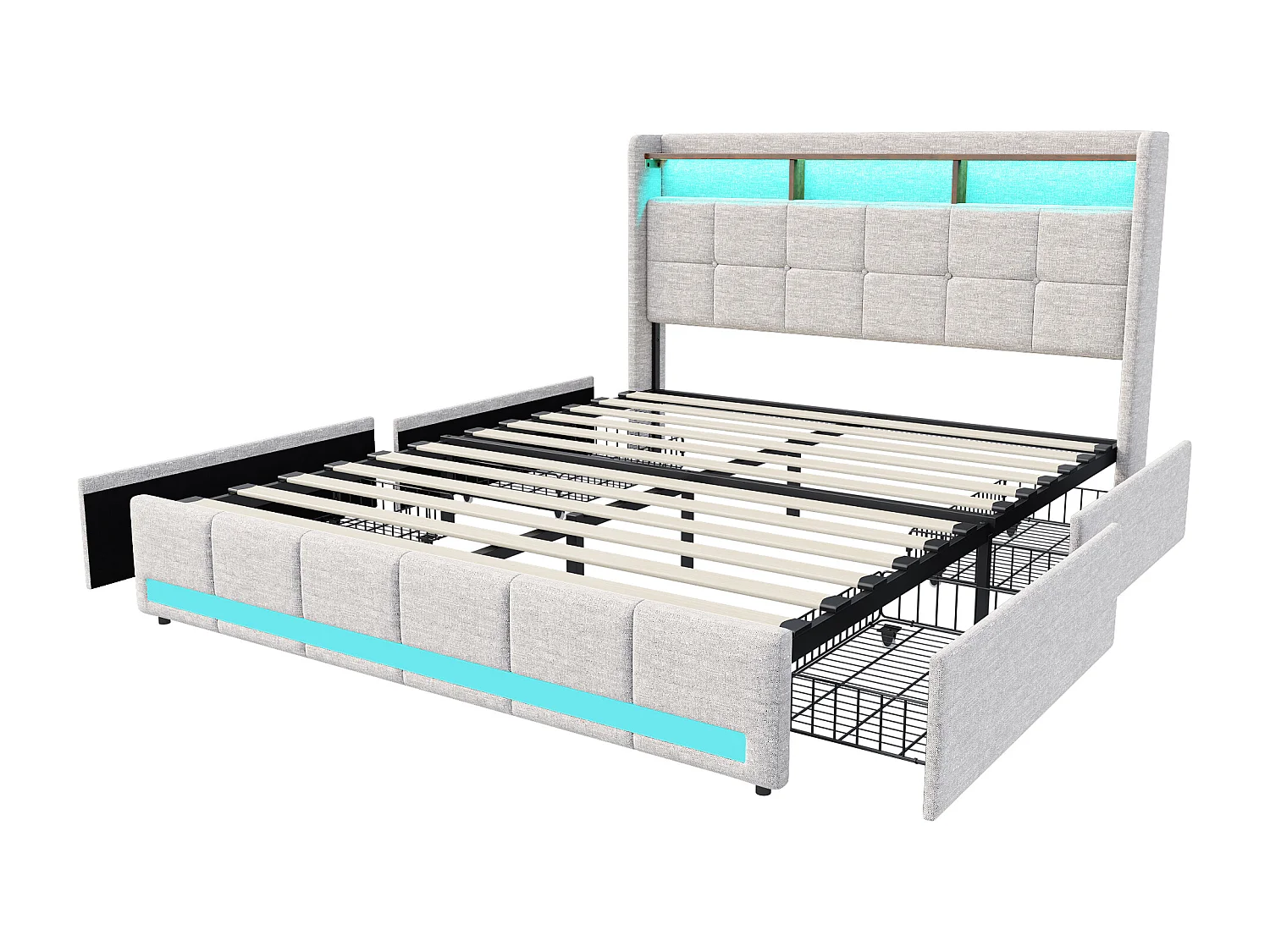 Cadre de Lit 160x200 - avec LED et USB - 4 Tiroirs Rangement et Tête de lit rembourrée - Sommier à Lattes - Lin Beige