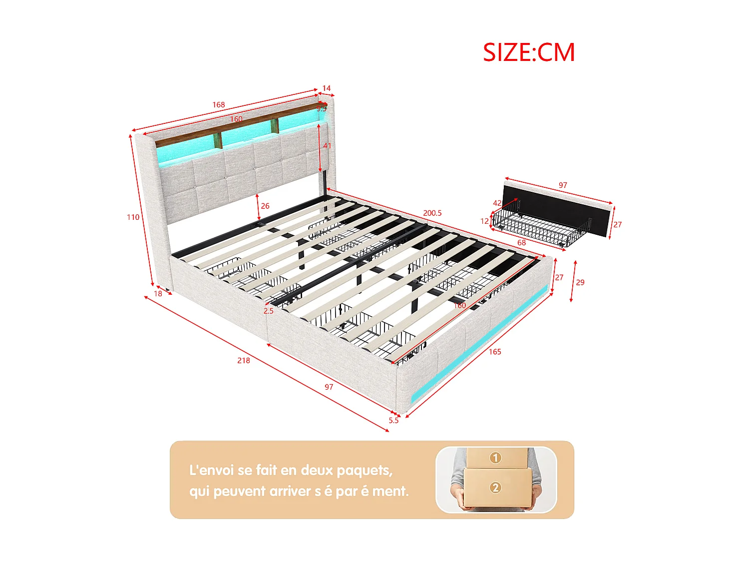 Cadre de Lit 160x200 - avec LED et USB - 4 Tiroirs Rangement et Tête de lit rembourrée - Sommier à Lattes - Lin Beige