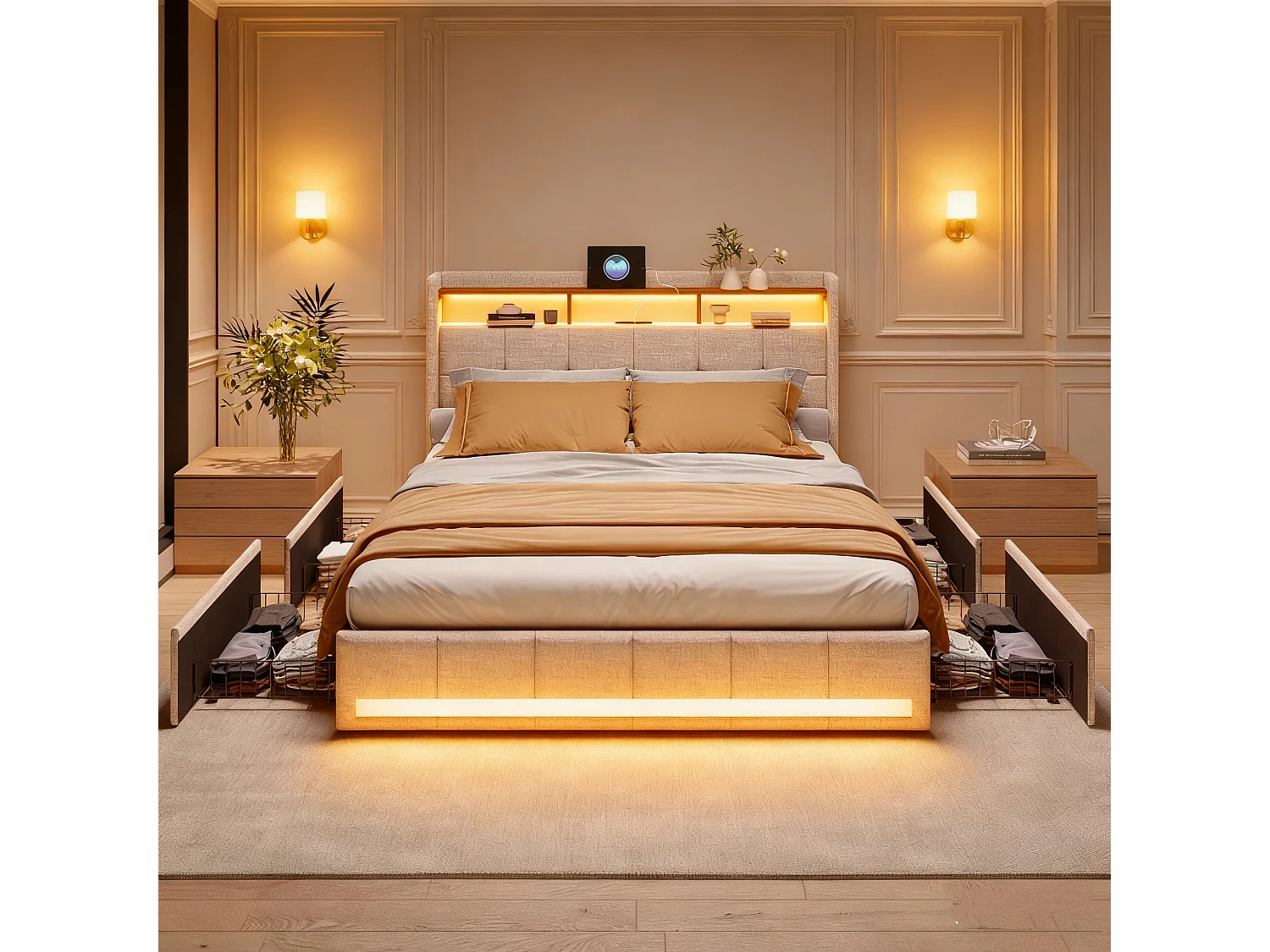 Estructura de cama 160x200 - con LED y USB - 4 cajones de almacenaje y cabecero tapizado - Somier de láminas - Lino Beige