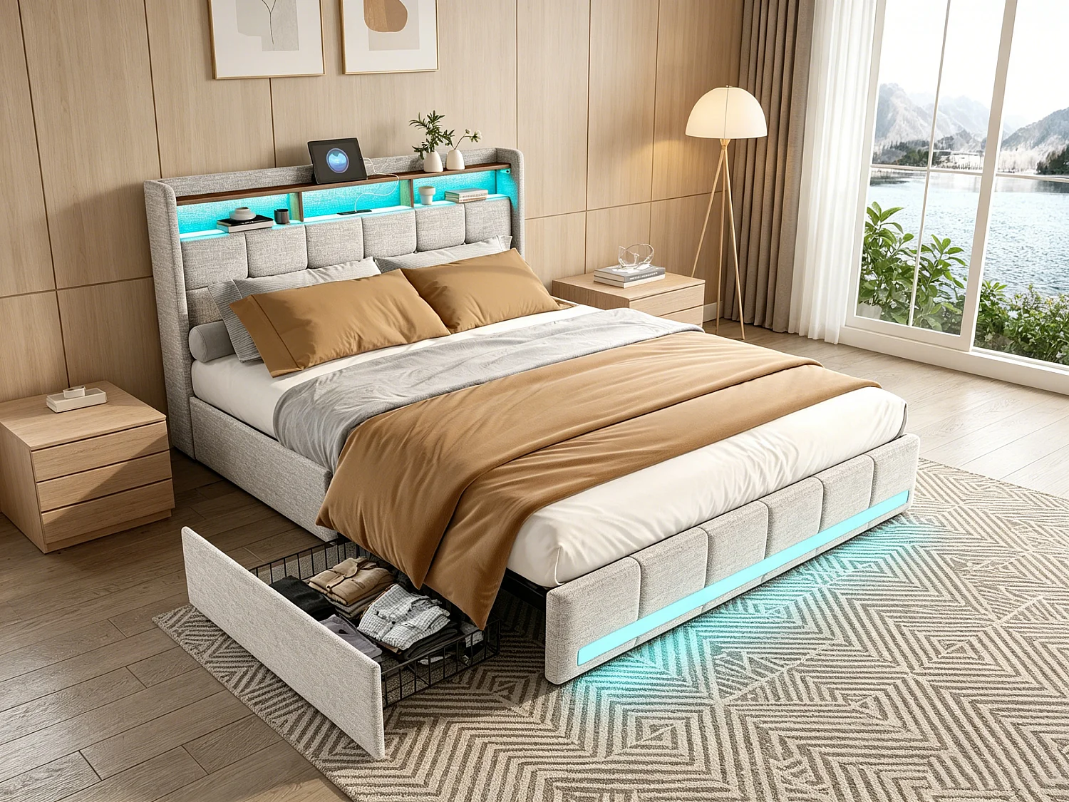 Estrutura de cama 160x200 - com LED e USB - 4 gavetas de arrumação e cabeceira estofada - Base ripada - Linho bege