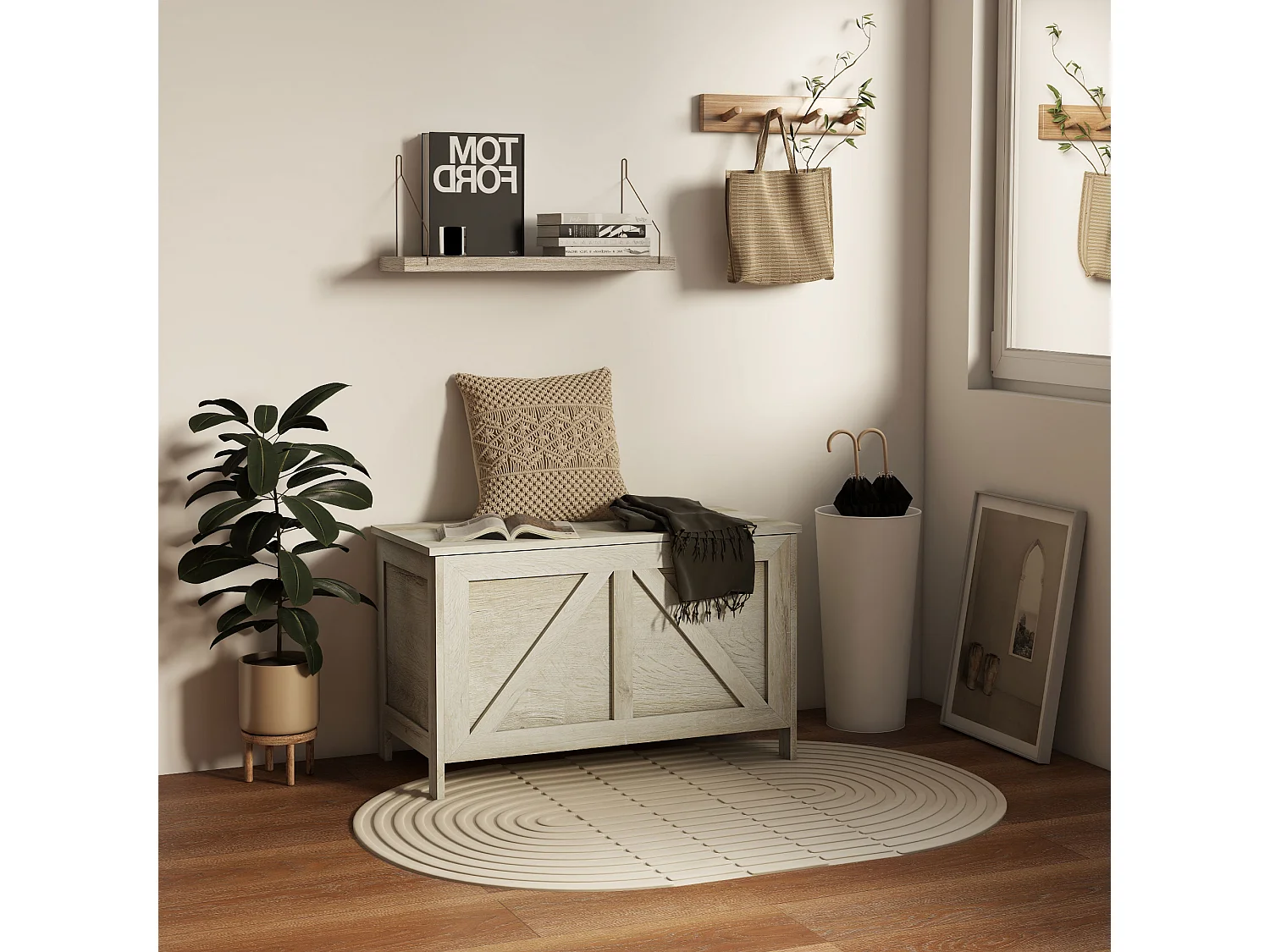 Coffre de rangement en bois sur pied style campagne chic dim. 76L x 39l x 48H cm aspect bois clair