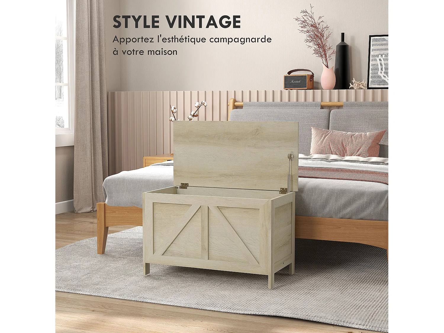 Coffre de rangement en bois sur pied style campagne chic dim. 76L x 39l x 48H cm aspect bois clair