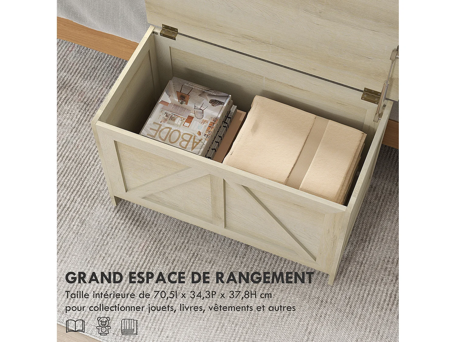 Coffre de rangement en bois sur pied style campagne chic dim. 76L x 39l x 48H cm aspect bois clair