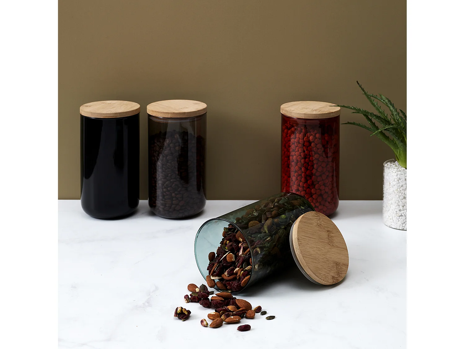 Bocal Verre Colore Couvercle Bambou 1l Bleu, Transparent, Orange, Marron