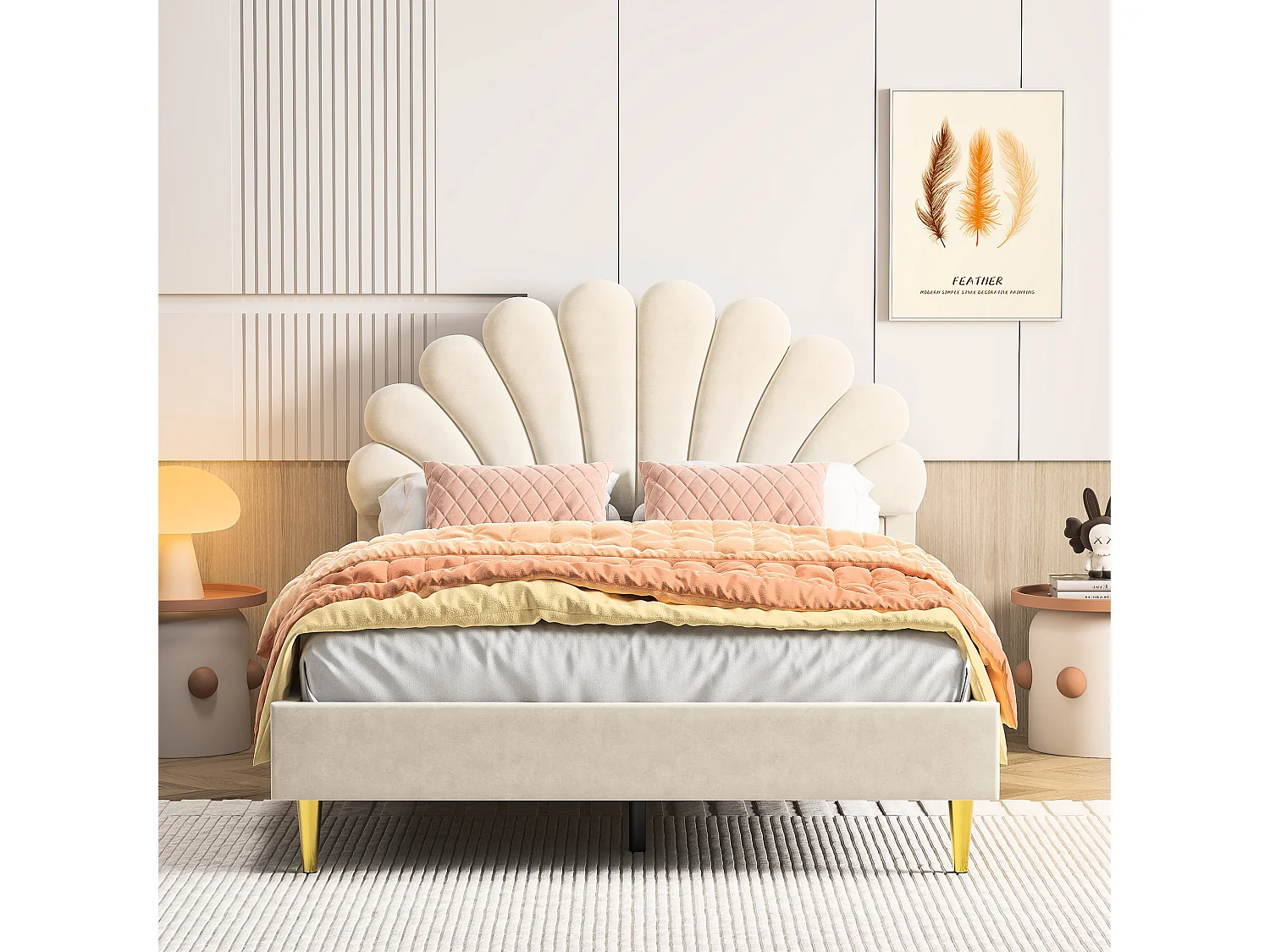 Gestoffeerd bed 140x200cm met lattenbodem, bed met lattenbodem, fluwelen gestoffeerd bed, tweepersoonsbed met bloemvormig hoofdeinde, beige