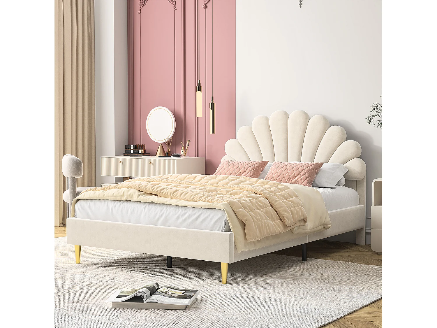 Gestoffeerd bed 140x200cm met lattenbodem, bed met lattenbodem, fluwelen gestoffeerd bed, tweepersoonsbed met bloemvormig hoofdeinde, beige