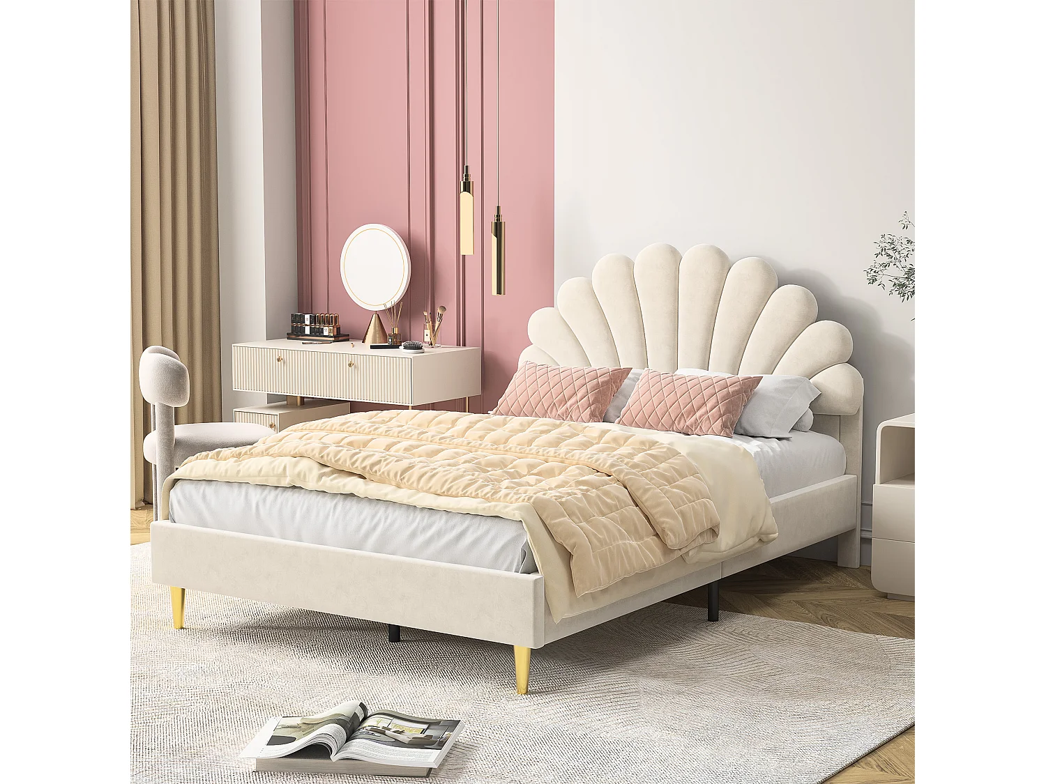 Cama estofada 140x200cm com estrado de ripas, cama com estrado de ripas, cama estofada em veludo, cama de casal com cabeceira em forma de pétala, bege