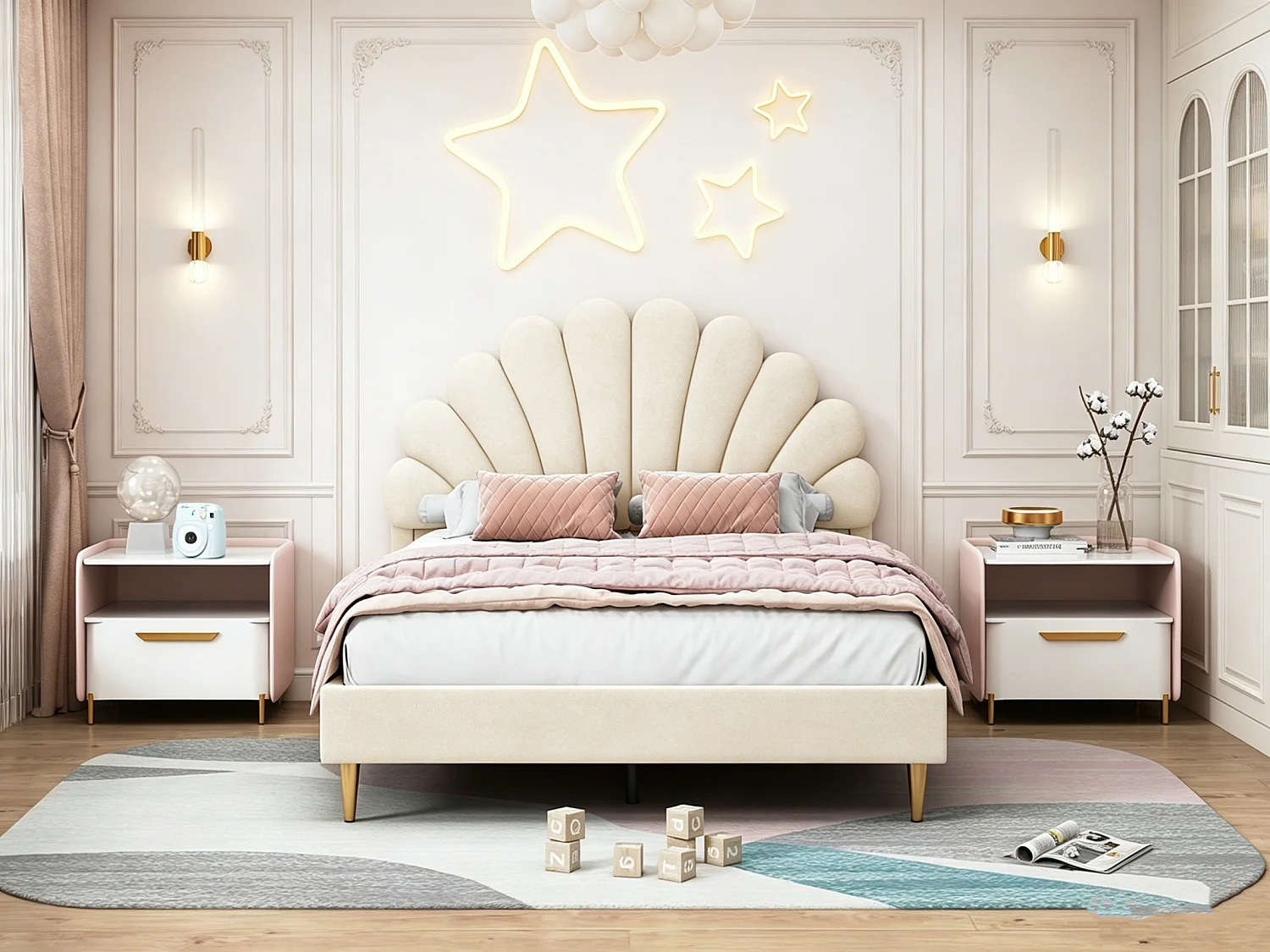 Cama estofada 140x200cm com estrado de ripas, cama com estrado de ripas, cama estofada em veludo, cama de casal com cabeceira em forma de pétala, bege