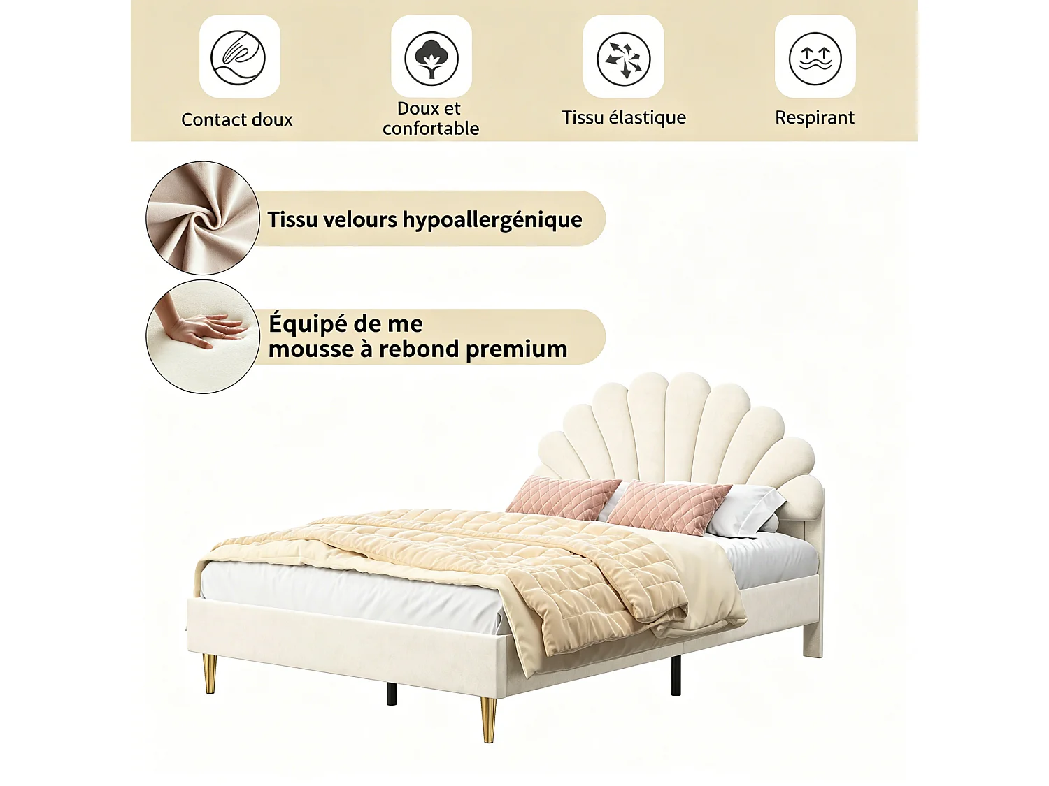 Cama estofada 140x200cm com estrado de ripas, cama com estrado de ripas, cama estofada em veludo, cama de casal com cabeceira em forma de pétala, bege