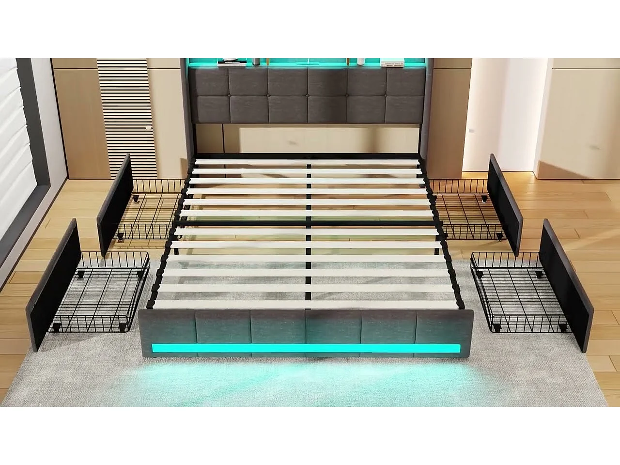 Lit 140x200 - avec LED et USB - 4 Tiroirs Rangement et Tête de lit rembourrée - Sommier à Lattes - Lin Beige