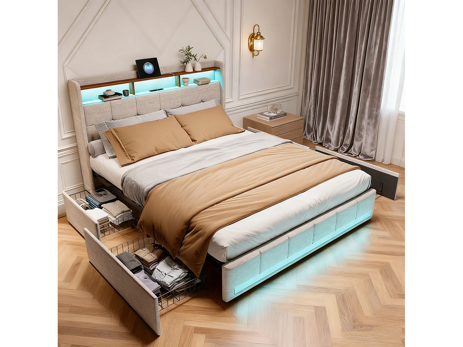 Lit 140x200 - avec LED et USB - 4 Tiroirs Rangement et Tête de lit rembourrée - Sommier à Lattes - Lin Beige