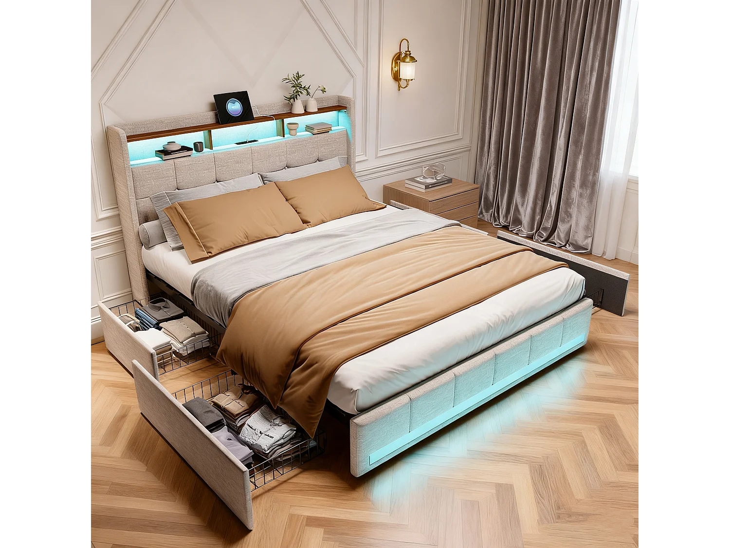 Lit 140x200 - avec LED et USB - 4 Tiroirs Rangement et Tête de lit rembourrée - Sommier à Lattes - Lin Beige