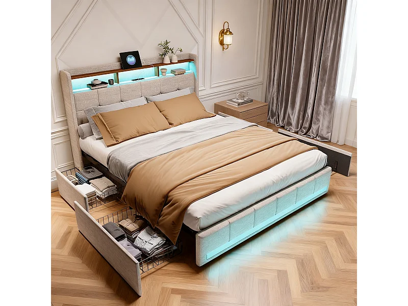 Lit 140x200 - avec LED et USB - 4 Tiroirs Rangement et Tête de lit rembourrée - Sommier à Lattes - Lin Beige
