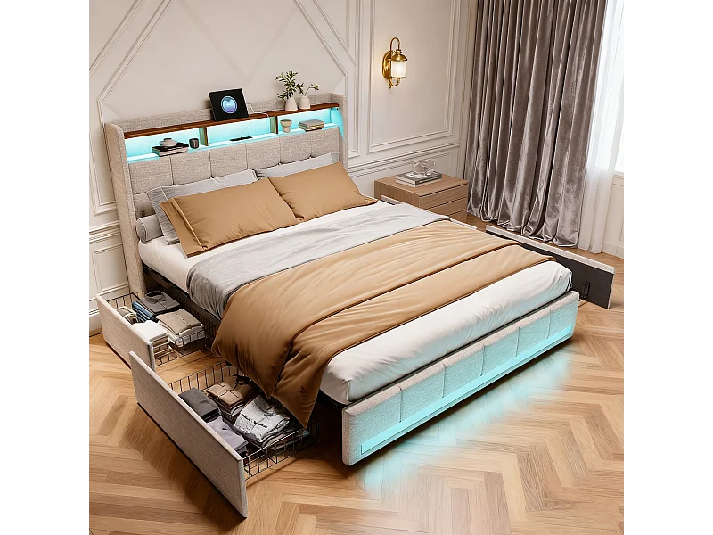 Lit 140x200 - avec LED et USB - 4 Tiroirs Rangement et Tête de lit rembourrée - Sommier à Lattes - Lin Beige